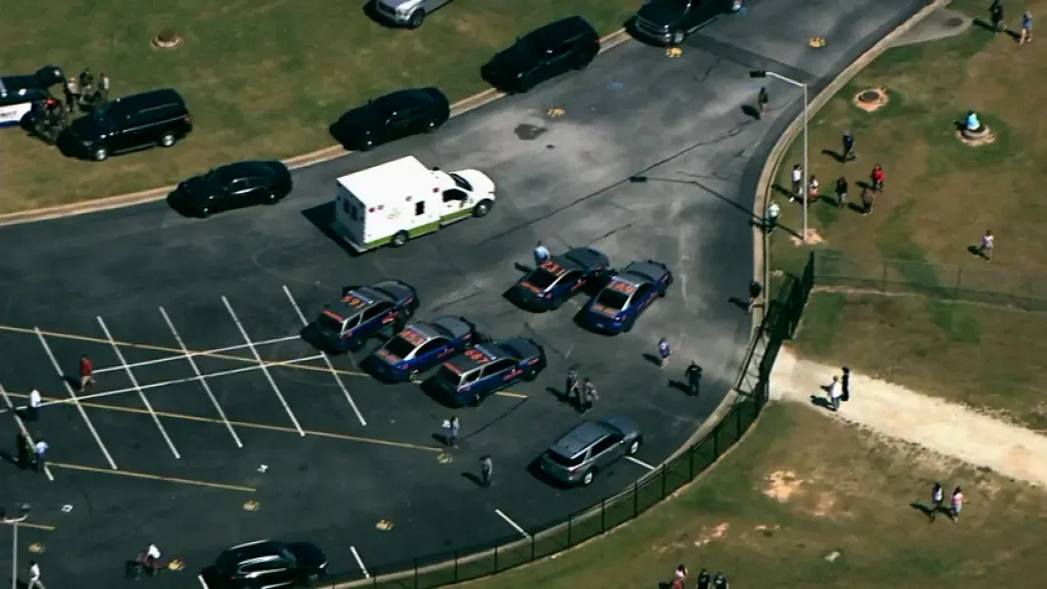 Georgia State Police vehicles are seen at Apalachee High School in Winder on Wednesday. (WXIA)