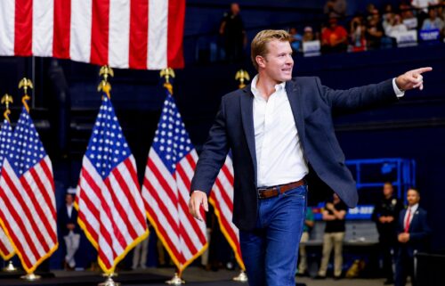 Republican Senate candidate for Montana Tim Sheehy walks up to the stage during a rally for Republican presidential nominee