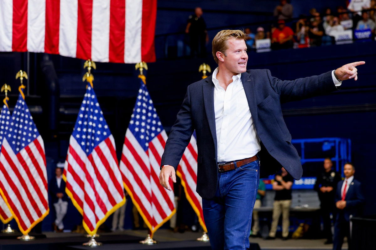 <i>Michael Ciaglo/Getty Images/File via CNN Newsource</i><br/>Republican Senate candidate for Montana Tim Sheehy walks up to the stage during a rally for Republican presidential nominee