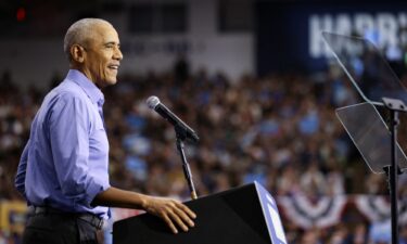 Former President Barack Obama speaks during a campaign event for Democratic presidential nominee and Vice President Kamala Harris in Pittsburgh.