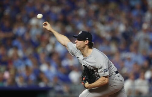 The New York Yankees celebrate the win over the Kansas City Royals in game four of the ALDS at Kauffman Stadium.