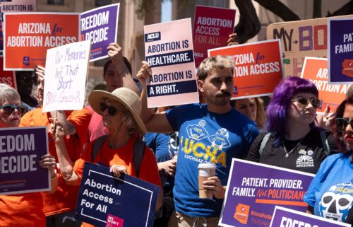 Abortion rights supporters demonstrate in Phoenix during a recess from a legislative session at the Arizona House of Representatives on April 17.