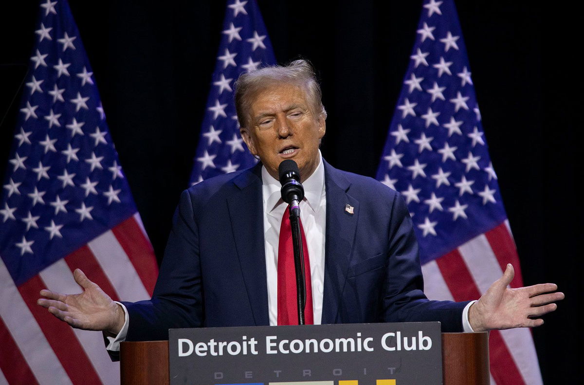 <i>Bill Pugliano/Getty Images via CNN Newsource</i><br/>Former President Donald Trump promised to make interest on car loans tax deductible in a speech before the Detroit Economic Club.