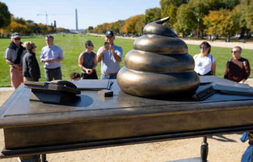 People look at a bronze art installation depicting a pile of feces on former US Speaker of the House Nancy Pelosi's desk on the National Mall near the US Capitol in Washington