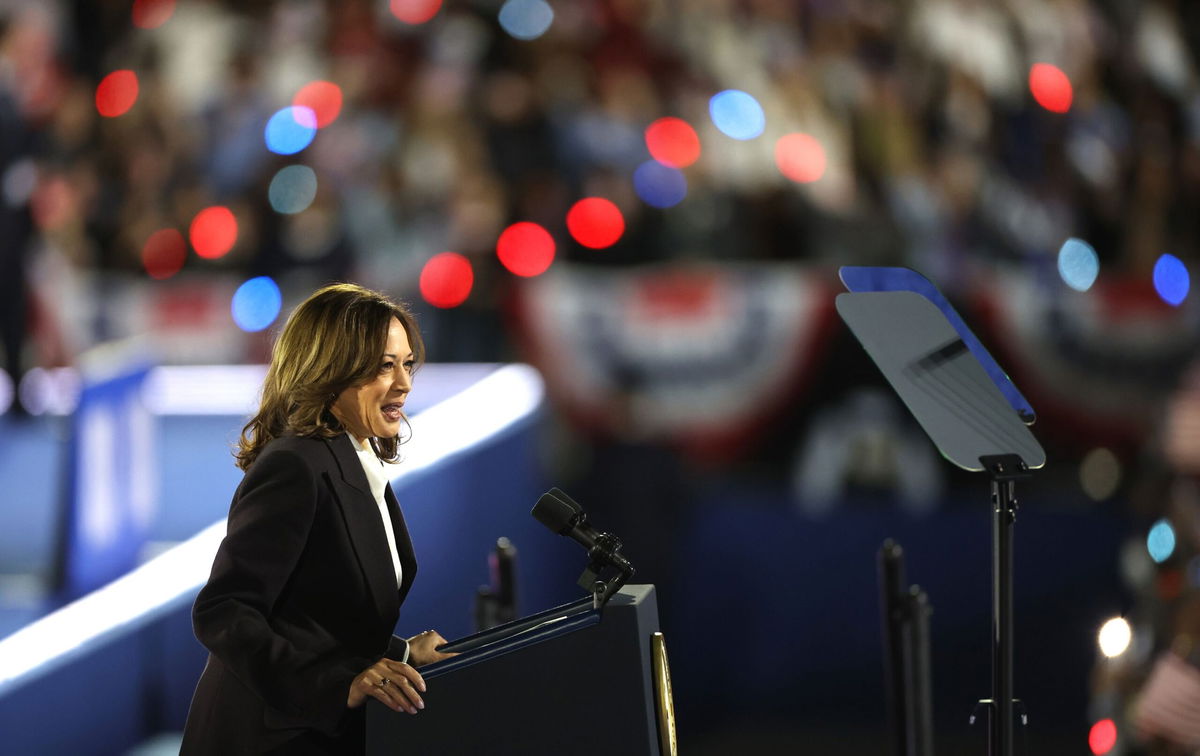 <i>Tasos Katopodis/Getty Images via CNN Newsource</i><br/>Vice President Kamala Harris speaks during a campaign rally on the Ellipse on October 29