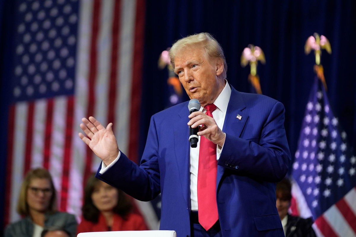 <i>Alex Brandon/AP via CNN Newsource</i><br/>Republican presidential nominee former President Donald Trump speaks at a campaign town hall at the Greater Philadelphia Expo Center & Fairgrounds