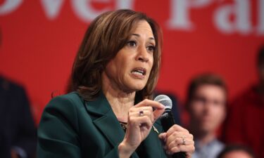 Democratic presidential nominee Vice President Kamala Harris speaks at a campaign event with former Rep. Liz Cheney (R-WY) at the Sharon Lynne Wilson Center for the Arts on October 21