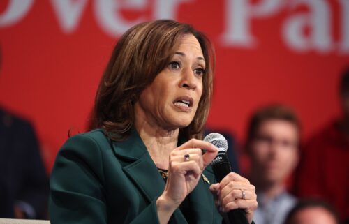 Democratic presidential nominee Vice President Kamala Harris speaks at a campaign event with former Rep. Liz Cheney (R-WY) at the Sharon Lynne Wilson Center for the Arts on October 21