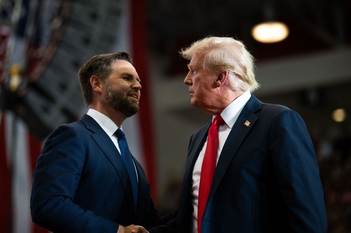 <i>Stephen Maturen/Getty Images via CNN Newsource</i><br/>Republican vice presidential nominee U.S. Sen. J.D. Vance (R-OH) introduces U.S. Republican Presidential nominee former President Donald Trump during a rally on July 27