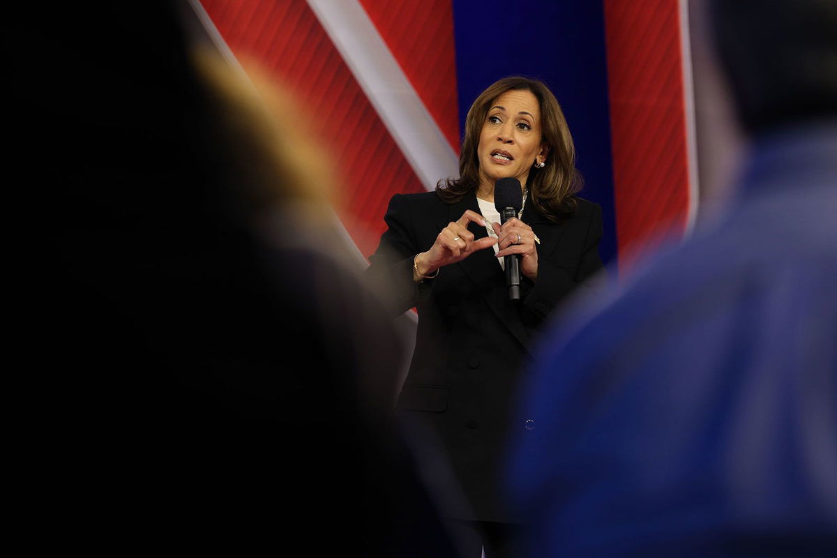 <i>Rebecca Wright/CNN via CNN Newsource</i><br/>Vice President Kamala Harris participates in a CNN Presidential Town Hall moderated by CNN’s Anderson Cooper in Delaware County