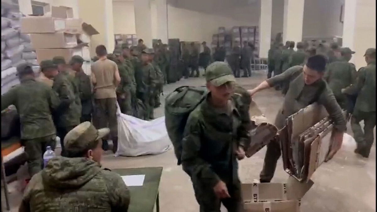 <i>Ukrainian Center for Strategic Communication and Information Security via CNN Newsource</i><br/>Video provided to CNN by the Ukrainian Center for Strategic Communication and Information Security appears to show North Korean soldiers receiving Russian uniforms and equipment at the Sergeevka Training Ground in the Far East of Russia.