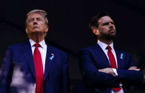 Former US President and Republican presidential candidate Donald Trump (L) and US Senator from Ohio and Republican vice presidential candidate J.D. Vance attend a remembrance ceremony on the 23rd anniversary of the September 11 terror attack on the World Trade Center at Ground Zero