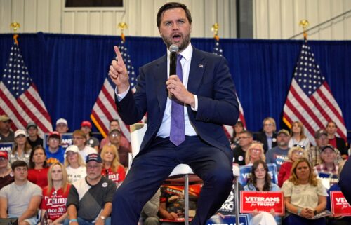 Republican vice presidential nominee JD Vance speaks during a town hall meeting at the Bedford County Airport in Bedford