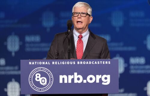 Hugh Hewitt speaks before former President Donald Trump at the National Religious Broadcasters convention on Feb. 22