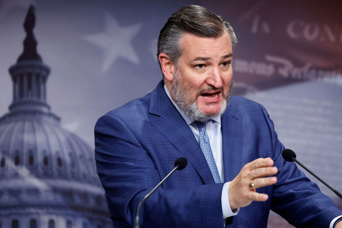 <i>Chip Somodevilla/Getty Images via CNN Newsource</i><br/>Sen. Ted Cruz speaks during a news conference with fellow Republican senators at the US Capitol on May 9 in Washington