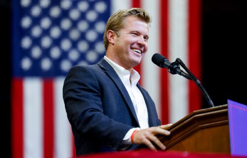 Tim Sheehy speaks during a rally at Montana State University on August 9 in Bozeman