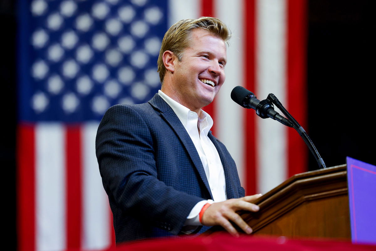 <i>Michael Ciaglo/Getty Images via CNN Newsource</i><br/>Tim Sheehy speaks during a rally at Montana State University on August 9 in Bozeman