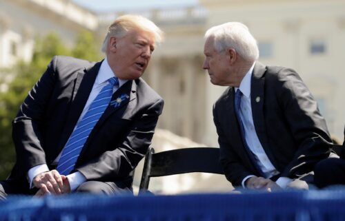 Donald Trump speaks with then-Attorney General Jeff Sessions as they attend the National Peace Officers Memorial Service in 2019 on the West Lawn of the US Capitol in Washington