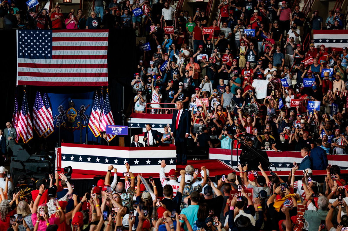 <i>Hannah Beier/Bloomberg/Getty Images via CNN Newsource</i><br/>Donald Trump during a campaign event in Harrisburg