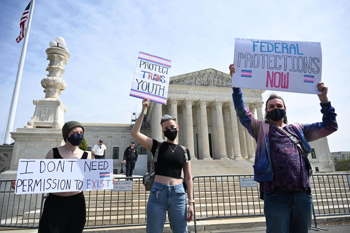 <i>Andrew Caballero-Reynolds/AFP/Getty Images/File via CNN Newsource</i><br/>Activists for transgender rights gather in front of the US Supreme Court in Washington