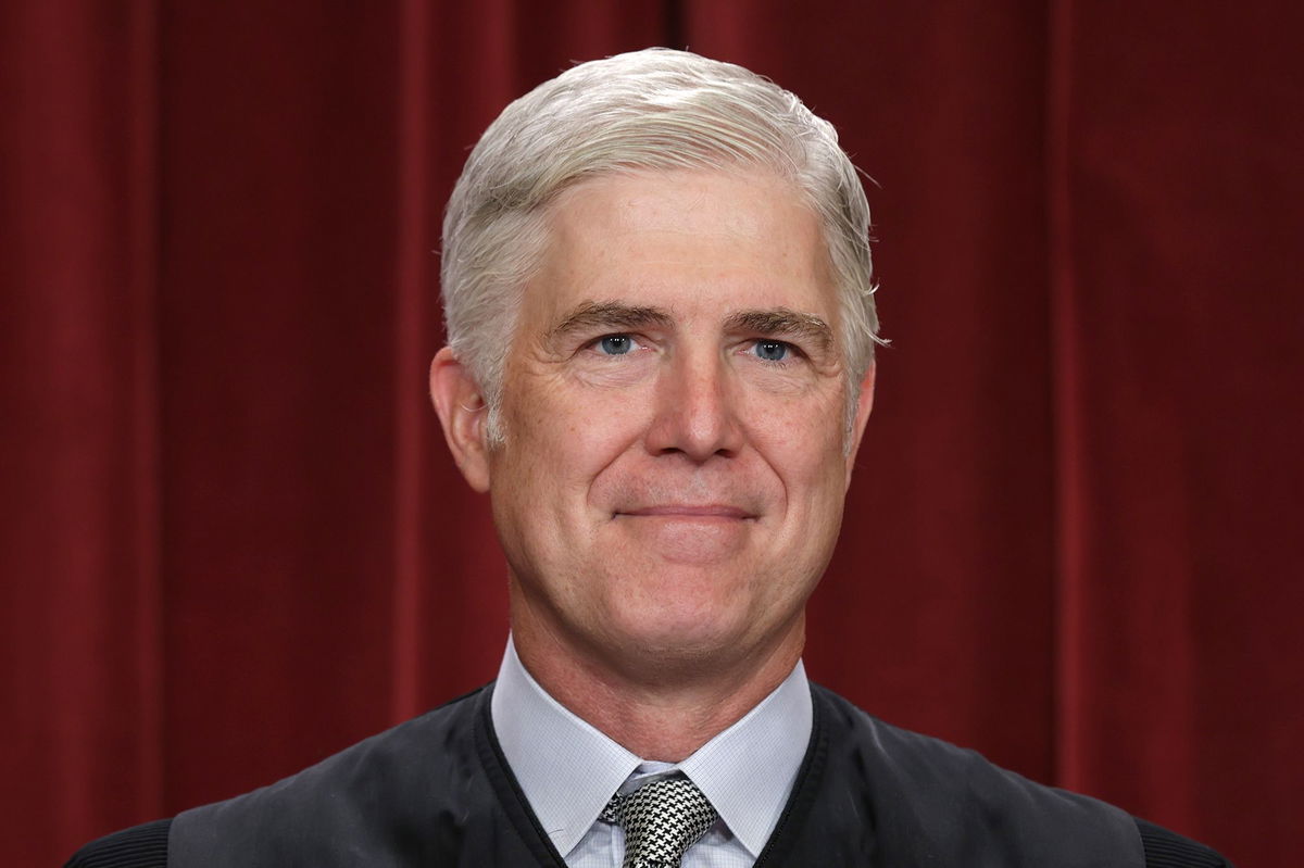 <i>Alex Wong/Getty Images via CNN Newsource</i><br/>United States Supreme Court Associate Justice Neil Gorsuch poses for an official portrait at the East Conference Room of the Supreme Court building on October 7