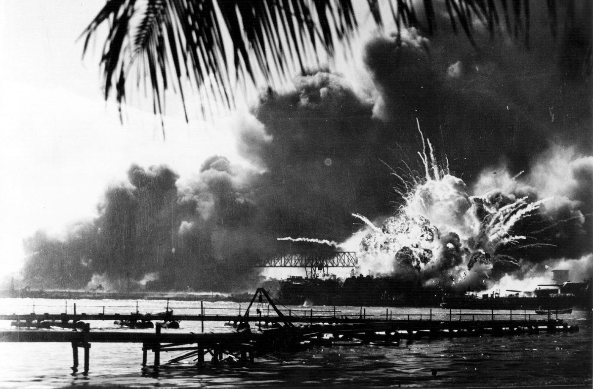 <i>Keystone/Hulton Archive/Getty Images via CNN Newsource</i><br/>The American destroyer USS Shaw explodes during the Japanese attack on Pearl Harbor