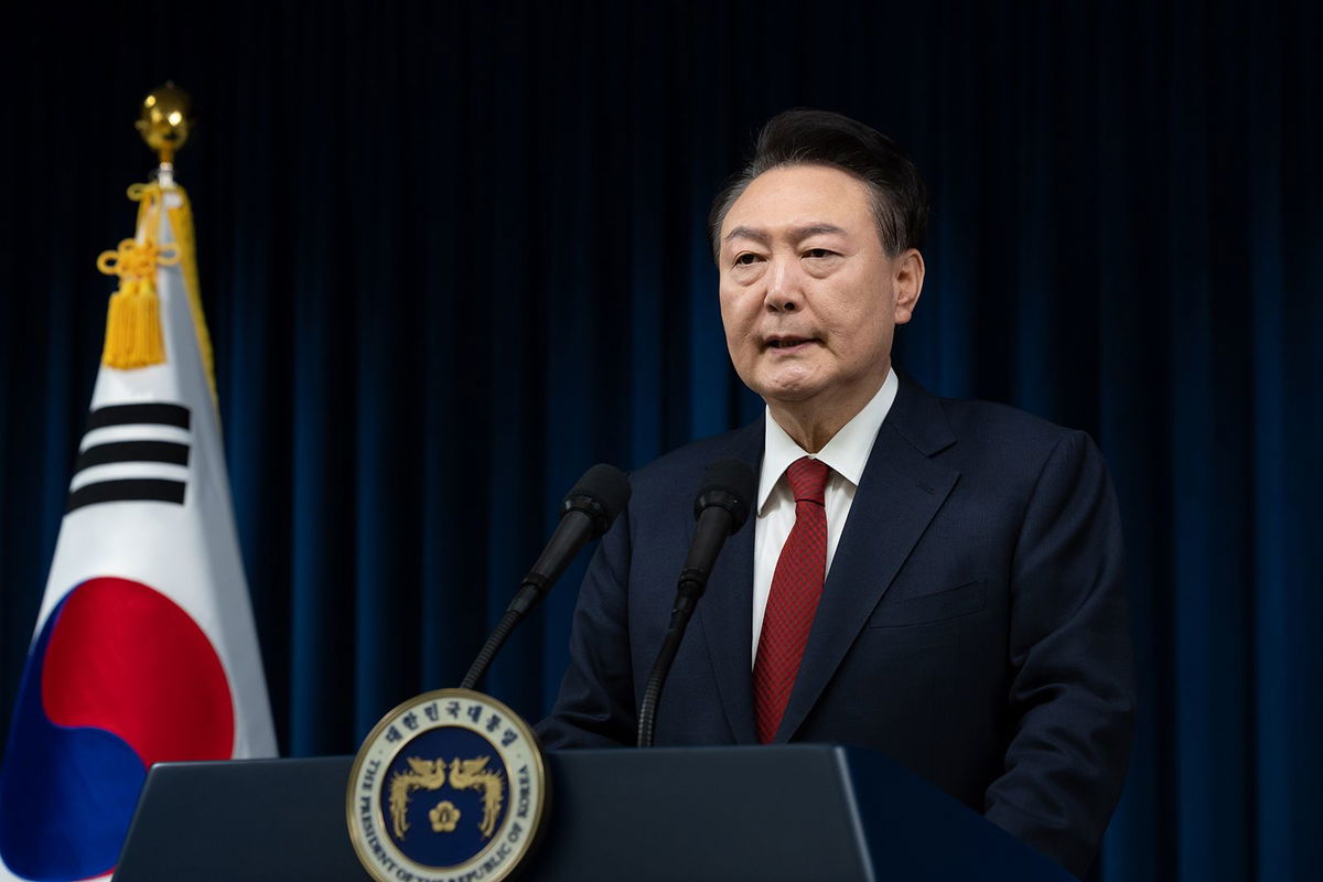 <i>South Korean Presidential Office/Getty Images via CNN Newsource</i><br/>South Korean President Yoon Suk Yeol speaks to the nation at the Presidential Office in Seoul