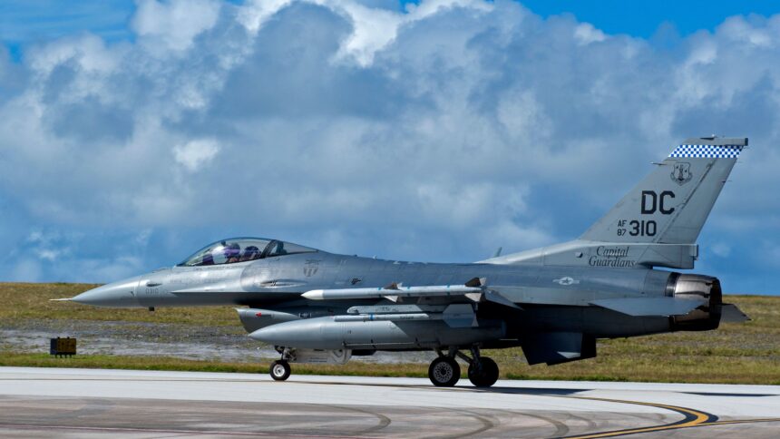 An F-16 Fighting Falcon from the District of Columbia Air National Guard’s 121st Expeditionary Fighter Squadron taxis on the flight line on December 15