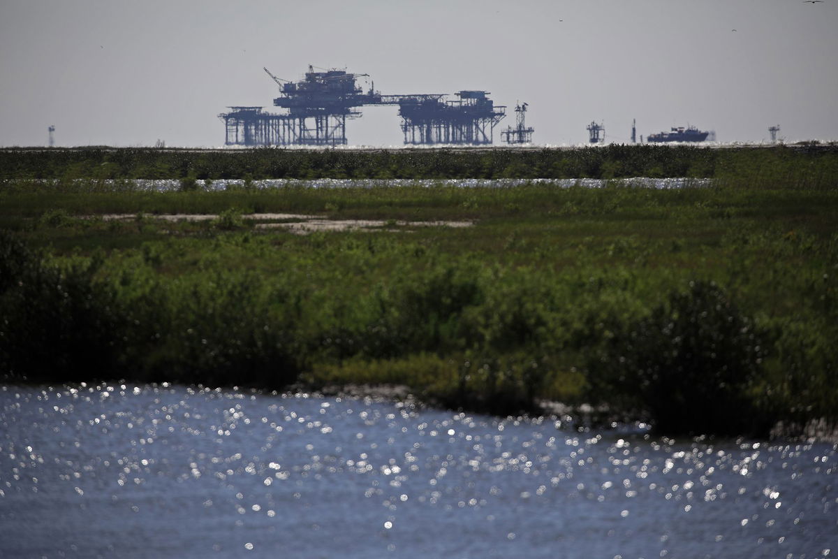 <i>Luke Sharrett/Bloomberg/Getty Images via CNN Newsource</i><br/>Offshore oil well platforms in the Gulf of Mexico off Port Fourchon