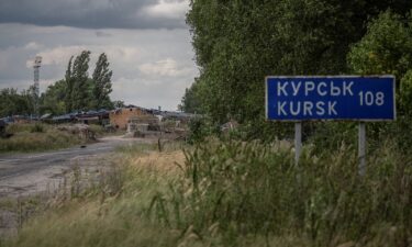 A crossing point into Kursk on the Ukrainian border with Russia. Kyiv's troops launched an incursion into the territory last summer.