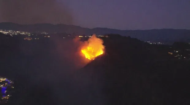 Aerial view of the brush fire burning in the Hollywood Hills on Jan. 8, 2025.