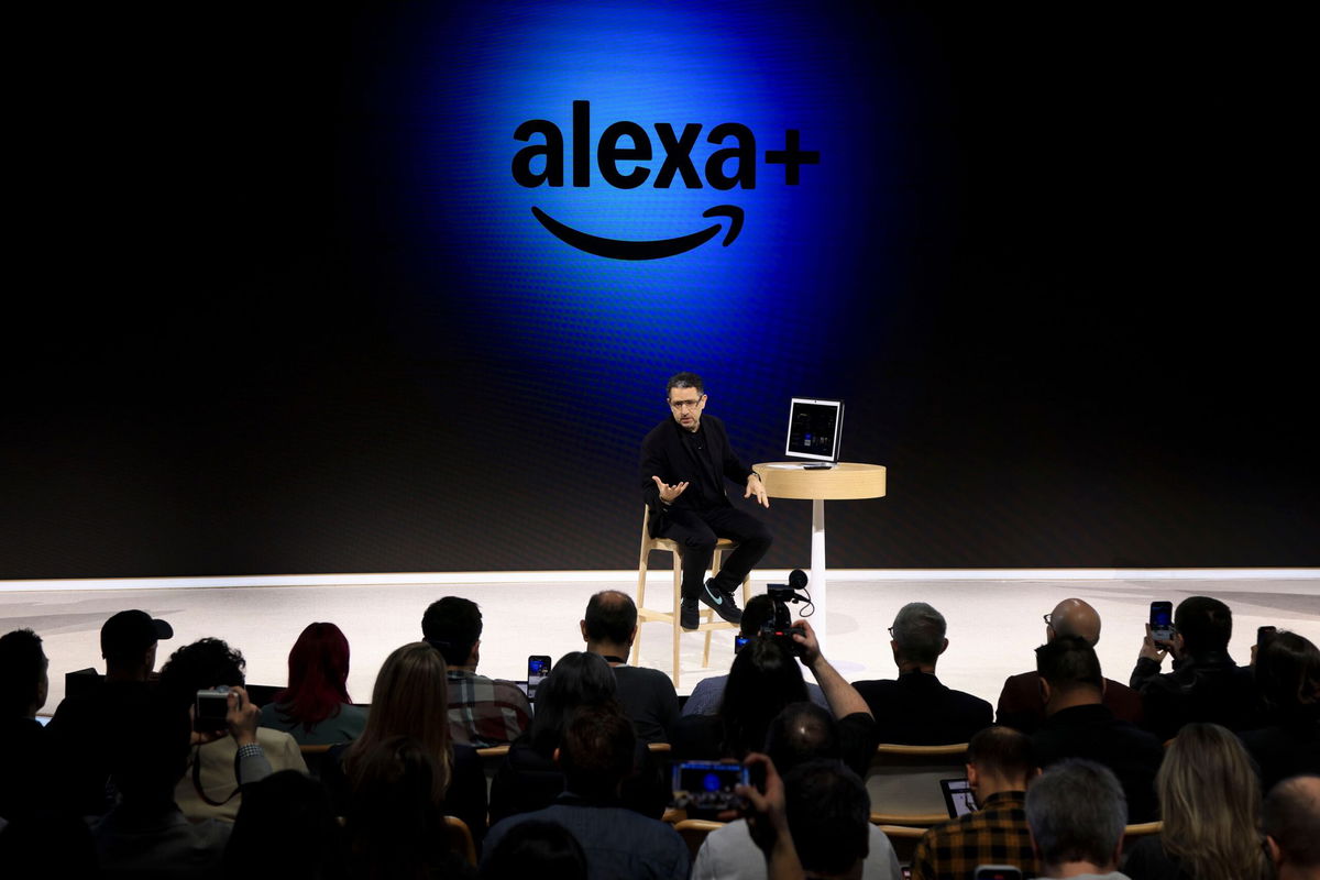 <i>Brendan Smialowski/AFP/Getty Images via CNN Newsource</i><br/>A person views Amazon Echo Frames at the Venetian Expo Center during the Consumer Electronics Show (CES) in Las Vegas