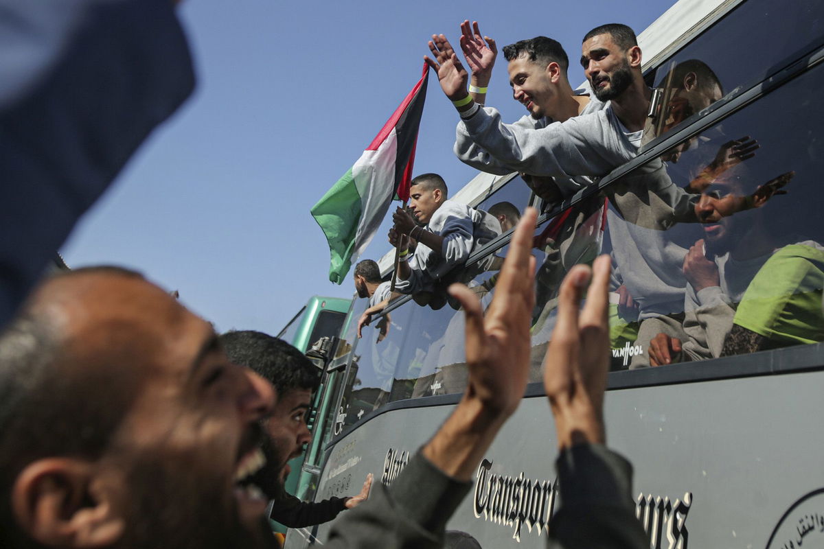 <i>Jehad Alshrafi/AP via CNN Newsource</i><br/>Freed Palestinian prisoners are greeted by a crowd as they arrive in the Gaza following their release on February 1.