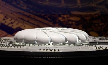A model of the proposed Aramco Stadium is seen on display in Riyadh