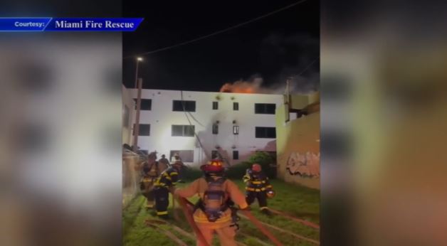 <i>Courtesy Miami Fire Rescue/WSVN via CNN Newsource</i><br/>Miami Fire Rescue said the structure fire that sent two firefighters to the hospital appears to have been set intentionally.