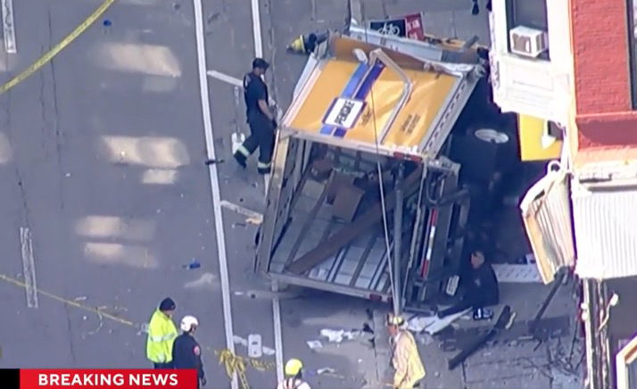 <i>WBZ via CNN Newsource</i><br/>A box truck crashed into a building on April 1 in Boston's Chinatown neighborhood not far from Downtown Crossing