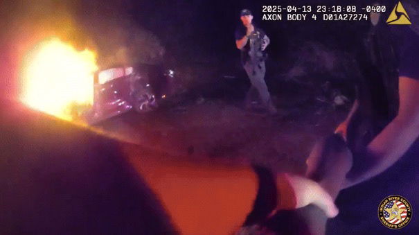 <i>Indian River County Sheriff's Office via CNN Newsource</i><br/>Indian River County deputies and Vero Beach officers rescued a suspect from a burning car on April 13.
