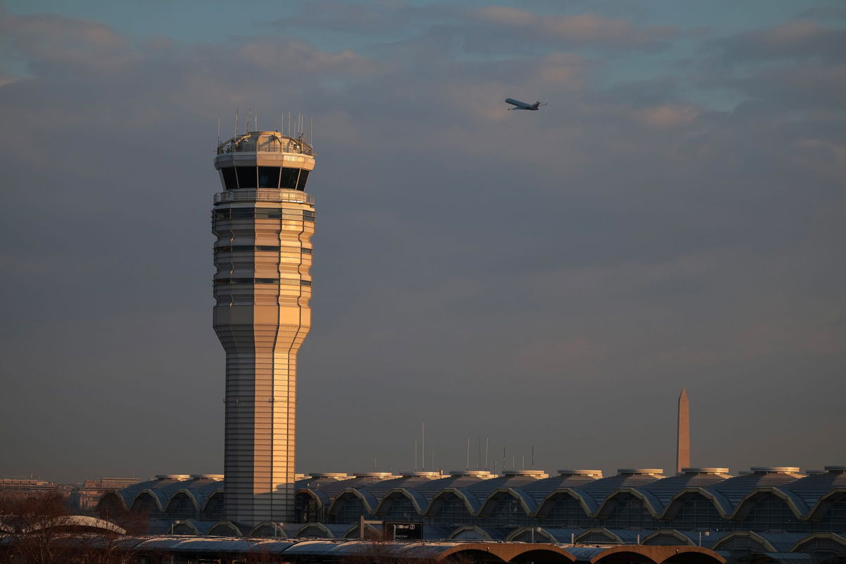<i>Kayla Bartkowski/Getty Images via CNN Newsource</i><br/>The air traffic control tower after the American Airlines crash at the Reagan National Airport on February 03
