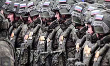 Russian servicemen march on Red Square during the Victory Day military parade in 2024.