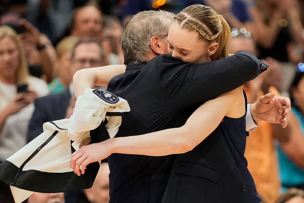 <i>John Raoux/AP via CNN Newsource</i><br/>UConn players celebrate during the second half of the national championship game against South Carolina.