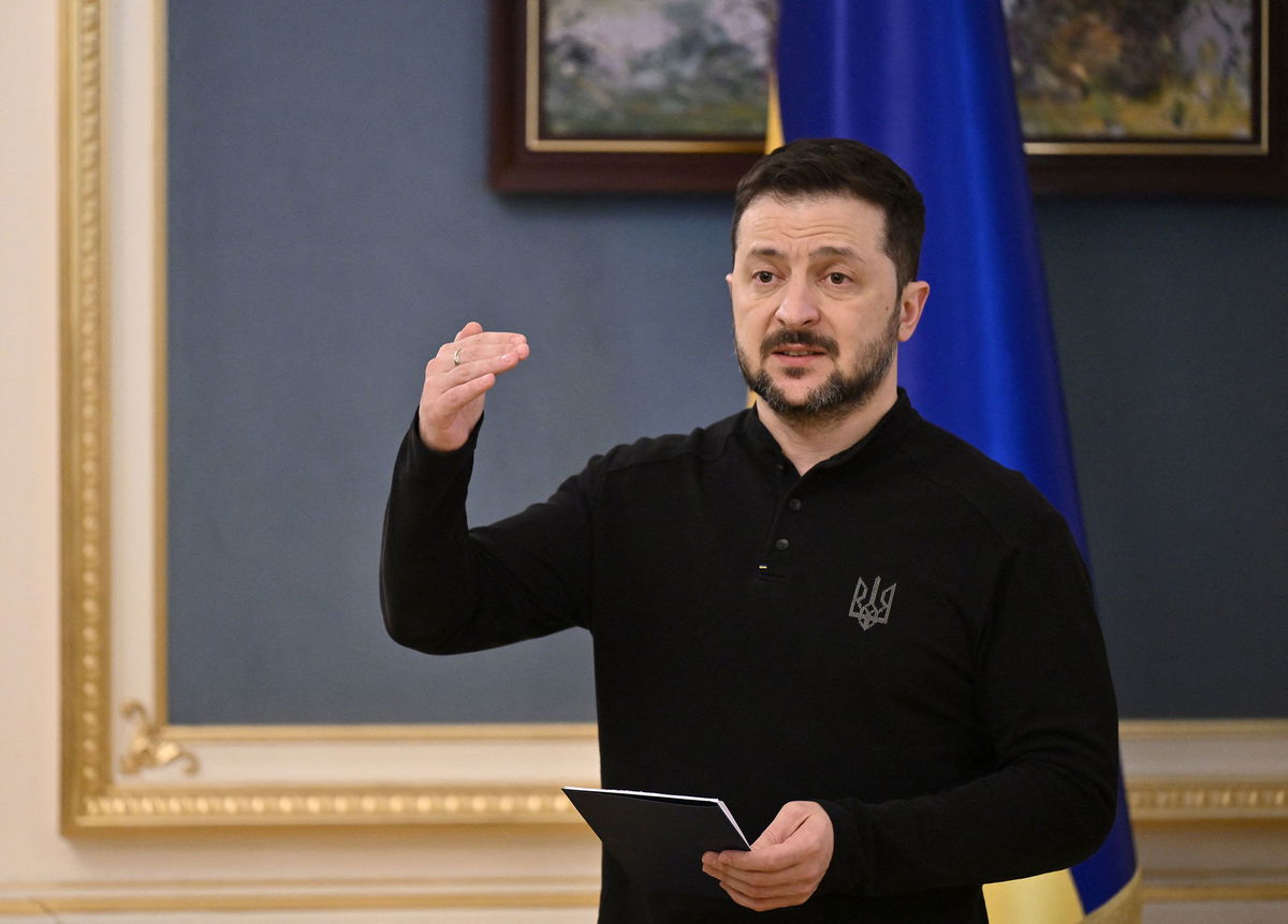 <i>Genya Savilov/AFP/Getty Images via CNN Newsource</i><br/>Ukrainian President Volodymyr Zelensky during his press conference in Kyiv on March 28