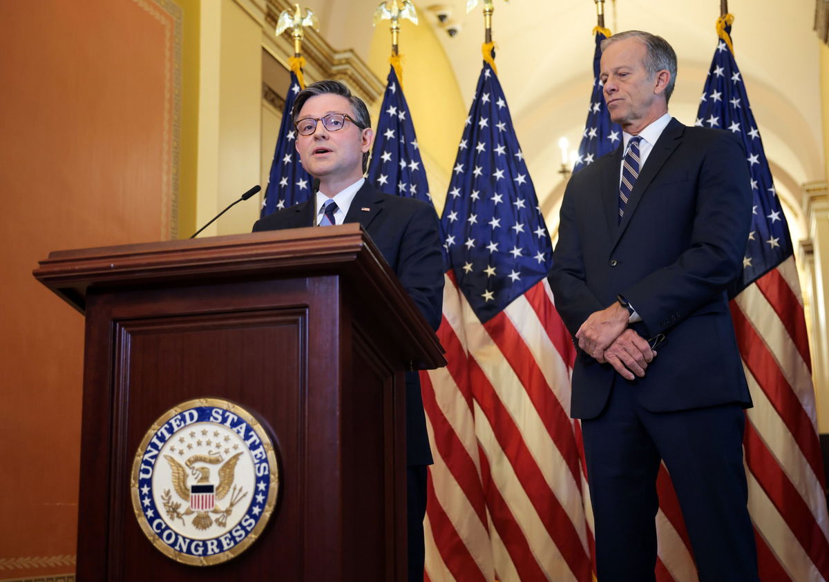 <i>Kayla Bartkowski/Getty Images via CNN Newsource</i><br/>US Speaker of the House Mike Johnson (R-LA) (L) and Senate Majority Leader John Thune (R-SD) speak at a press conference on the Republican budget bill at the US Capitol on April 10