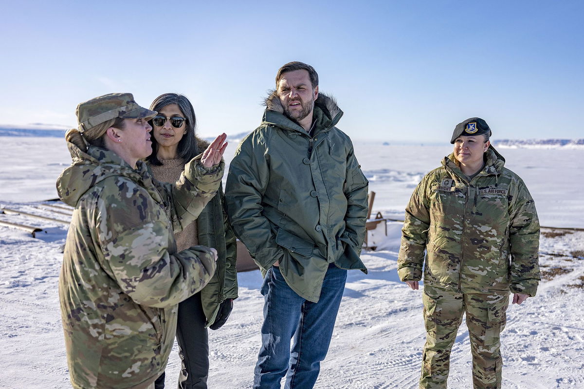 <i>Jim Watson/Getty Images via CNN Newsource</i><br/>Vice President JD Vance and second lady Usha Vance tour the US military's Pituffik Space Base on March 28