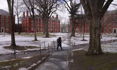 A pedestrian walks through Harvard Yard at Harvard University on Feb. 26