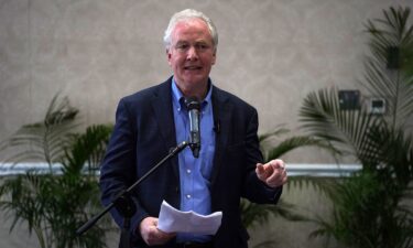 Senator Chris Van Hollen speaks during a press conference at a hotel in San Salvador on April 17.
