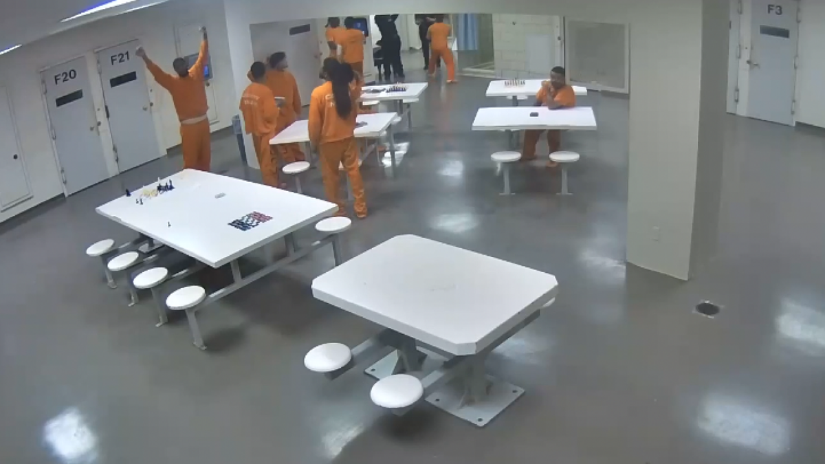 <i>Cuyahoga County/WEWS via CNN Newsource</i><br/>Inmates at the Cuyahoga County Jail stretching before participating in a fight club involving two female jailers.