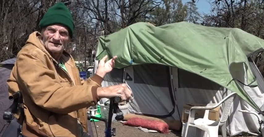 <i>KCAL/KCBS via CNN Newsource</i><br/>Gary Van Ostrand lost his home in the Eaton Fire ended up living in a tent on his burned-out property.
