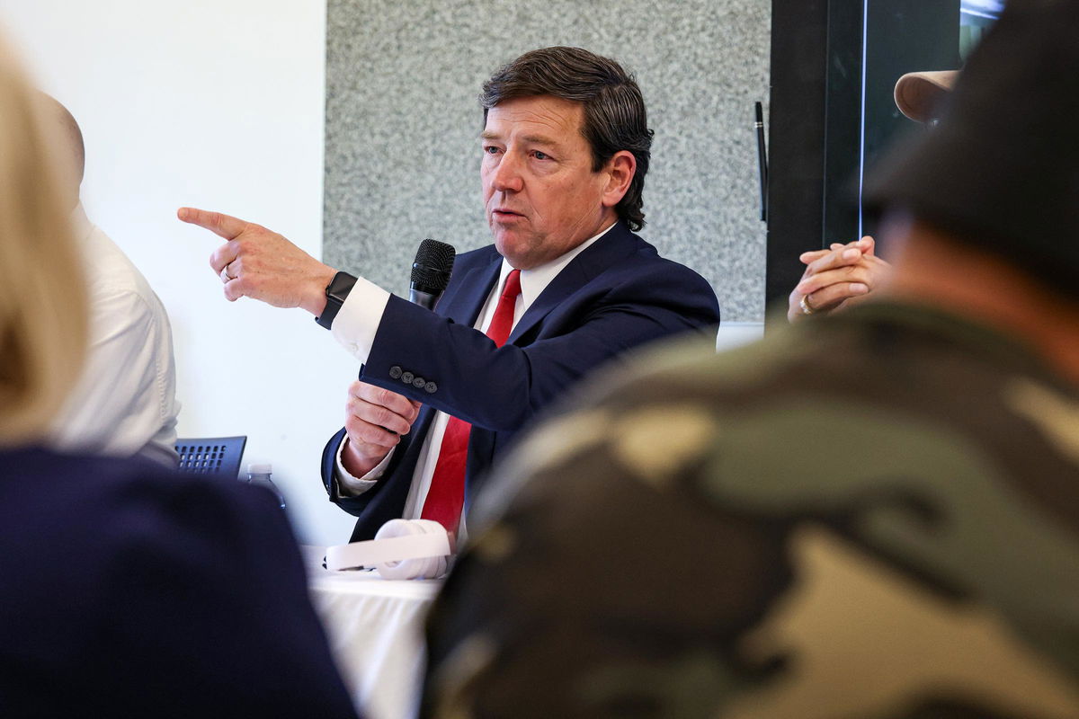 <i>The Washington Post/Getty Images via CNN Newsource</i><br/>Ed Martin speaks during an Anacostia Coordinating Council monthly meeting at Martha's Table in Washington