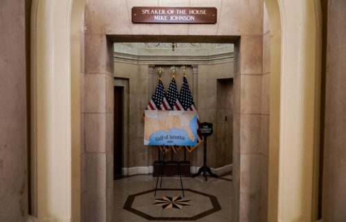 A sign showing the gulf is seen at the entrance to the office of US House Speaker Mike Johnson at the US Capitol in Washington