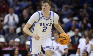 Duke Blue Devils' Cooper Flagg playing against the Alabama Crimson Tide during the NCAA men's basketball tournament's Elite Eight in March.